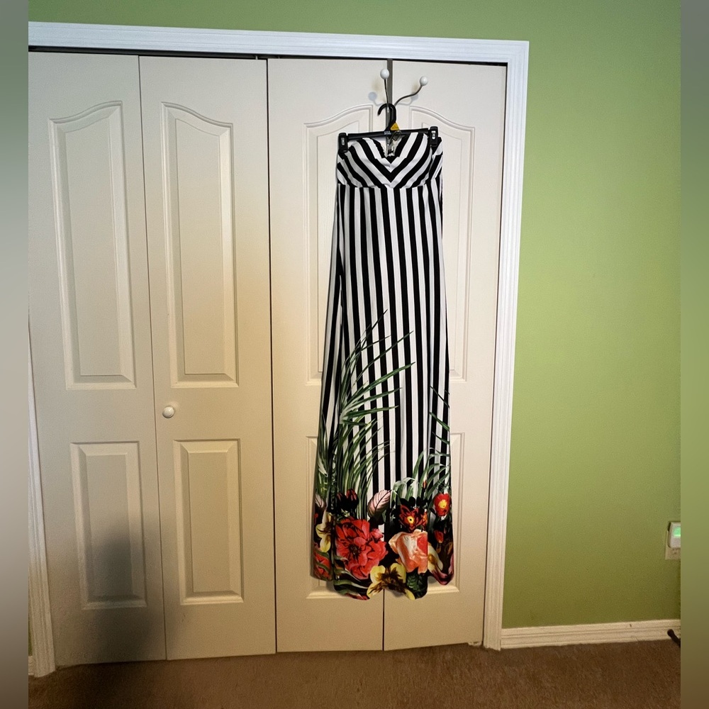 Black and White Striped Maxi Dress with Floral Design